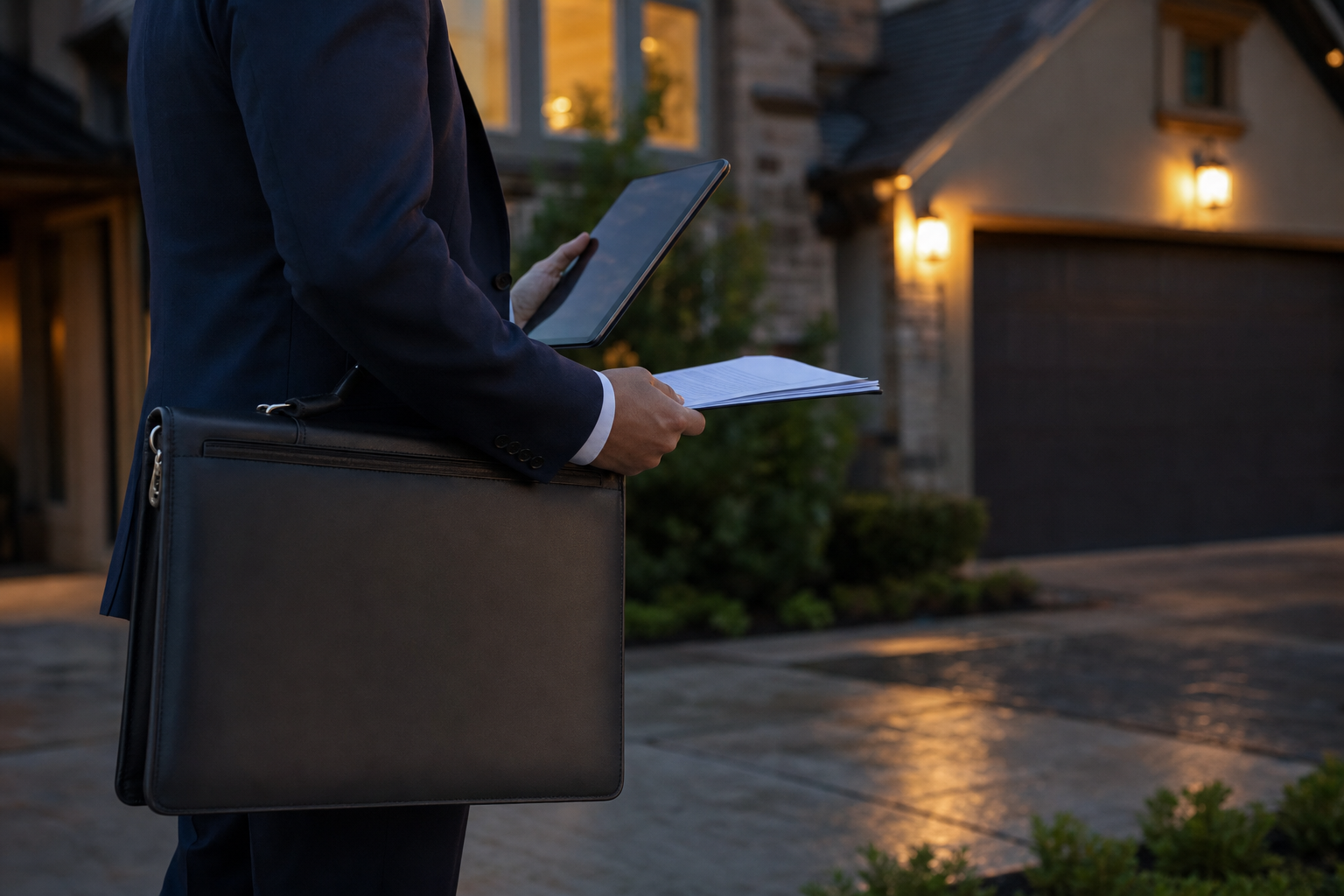 Certified process server reviewing legal documents outside a Houston home at dusk